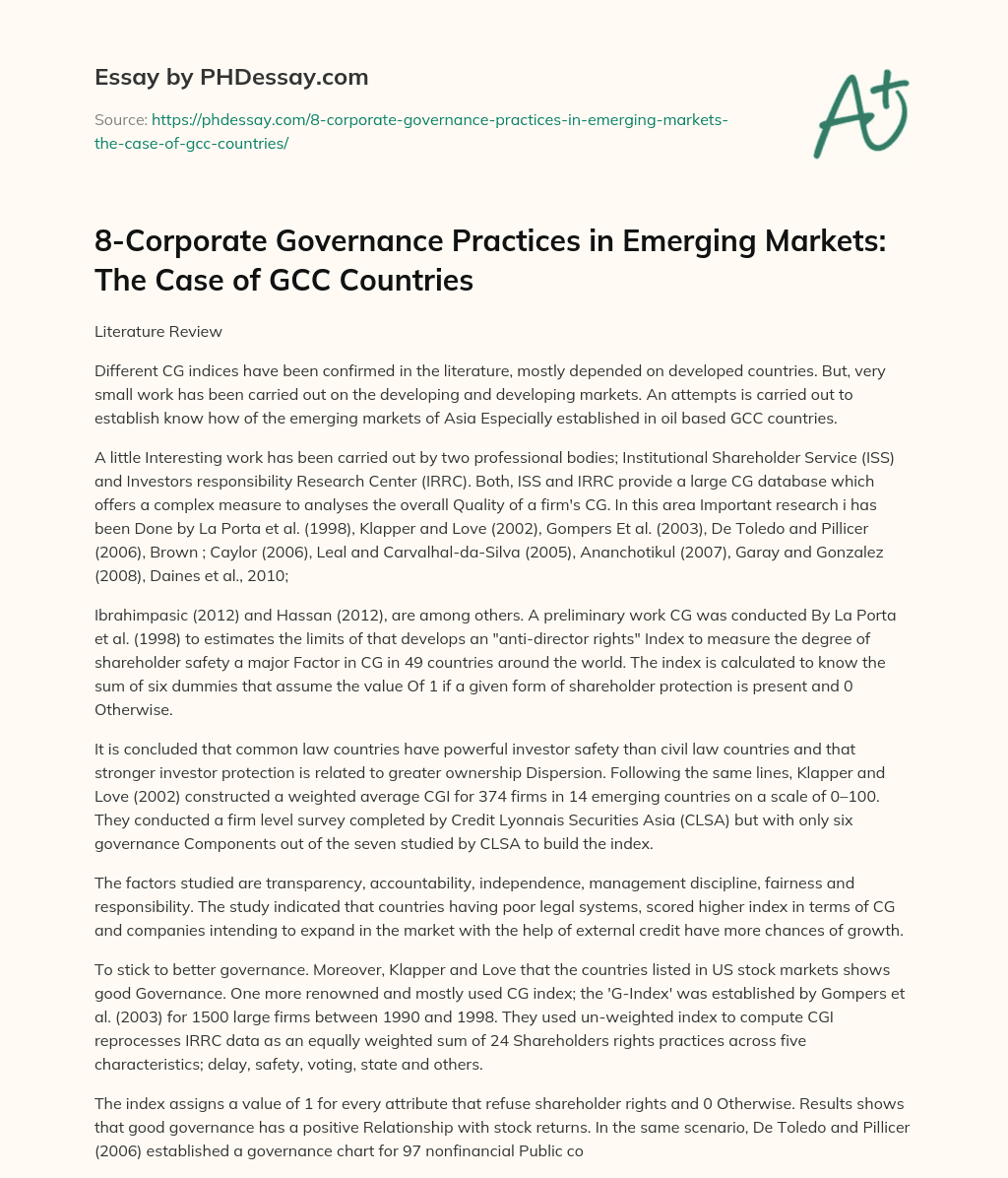 8-Corporate Governance Practices in Emerging Markets: The Case of GCC Countries essay