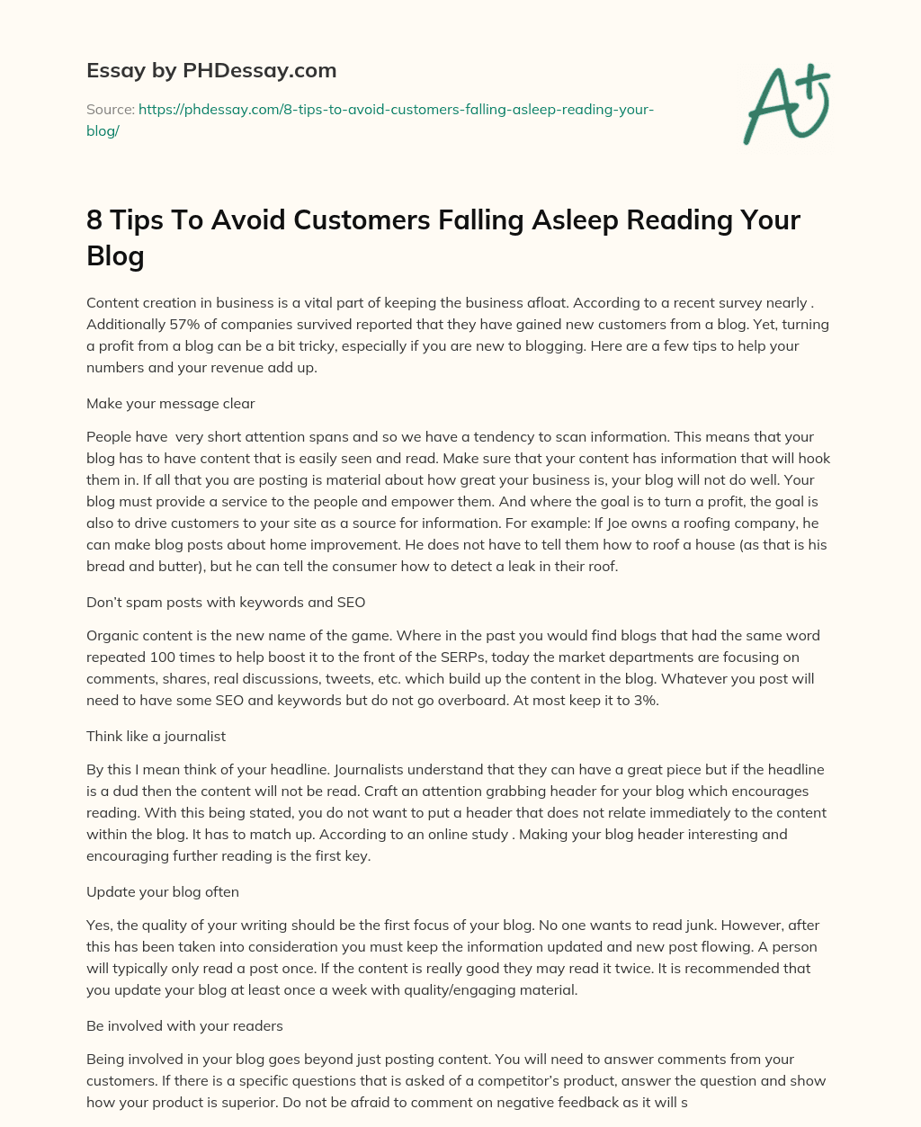 8 Tips To Avoid Customers Falling Asleep Reading Your Blog essay