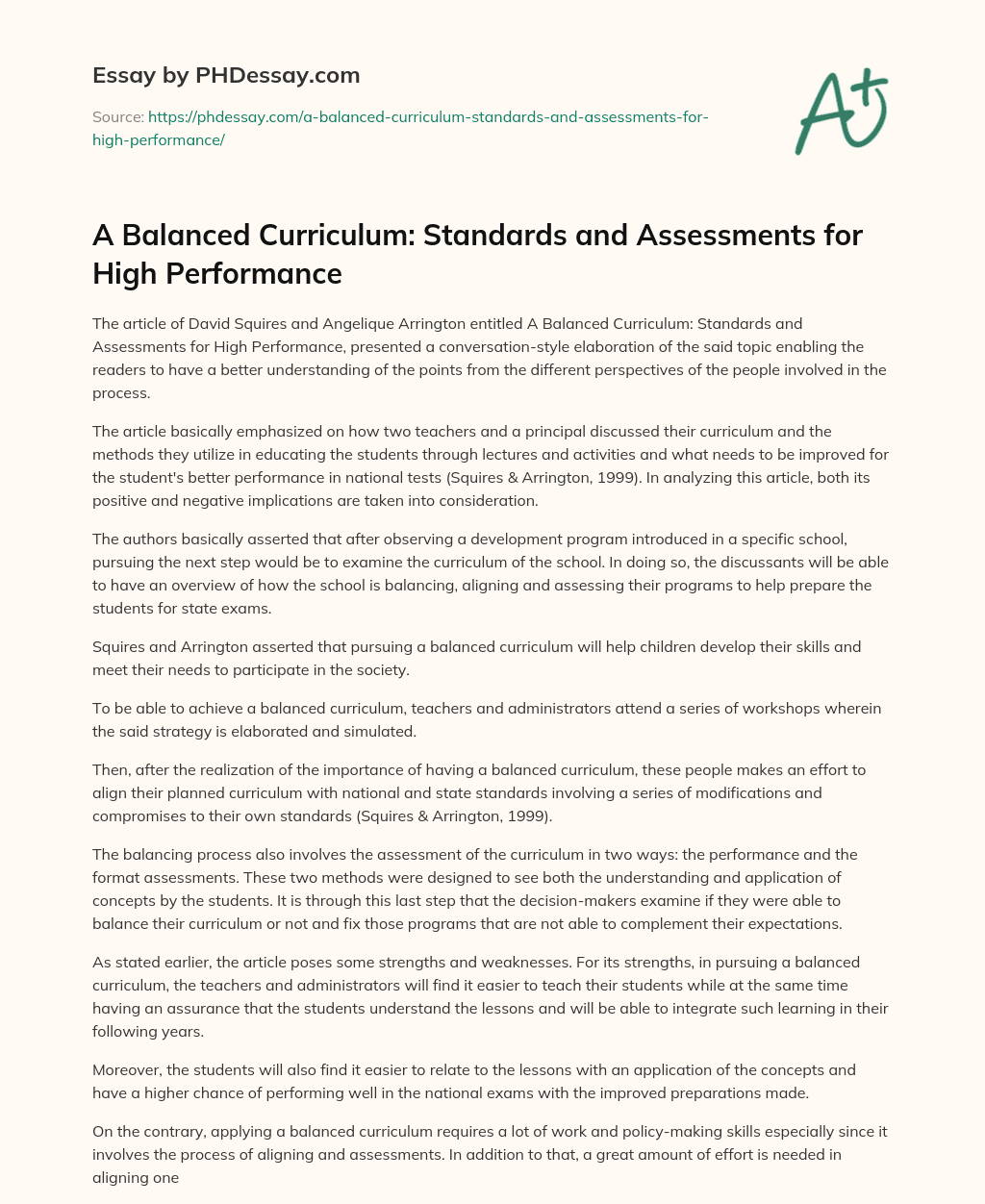 A Balanced Curriculum: Standards and Assessments for High Performance essay