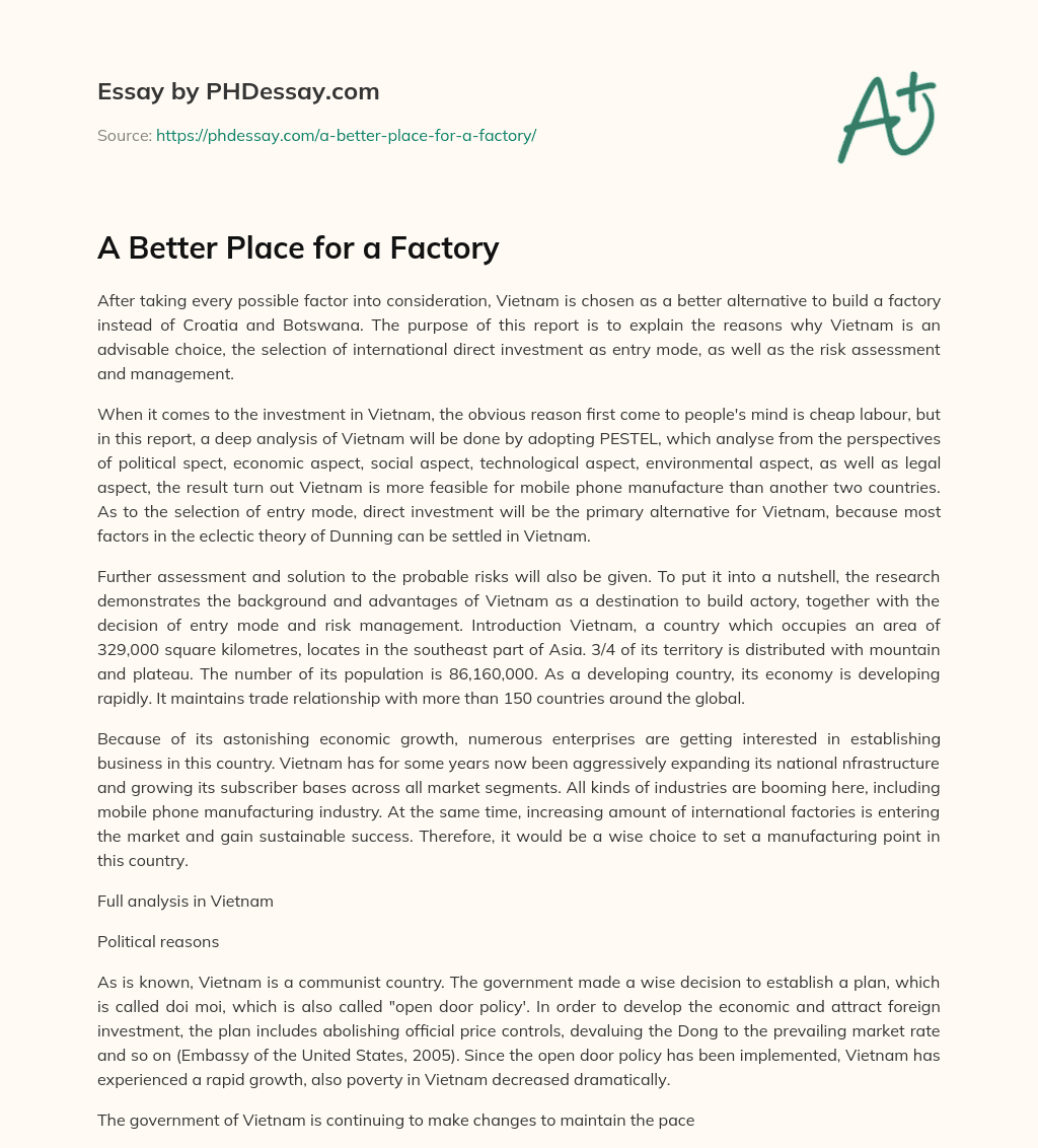 A Better Place for a Factory essay