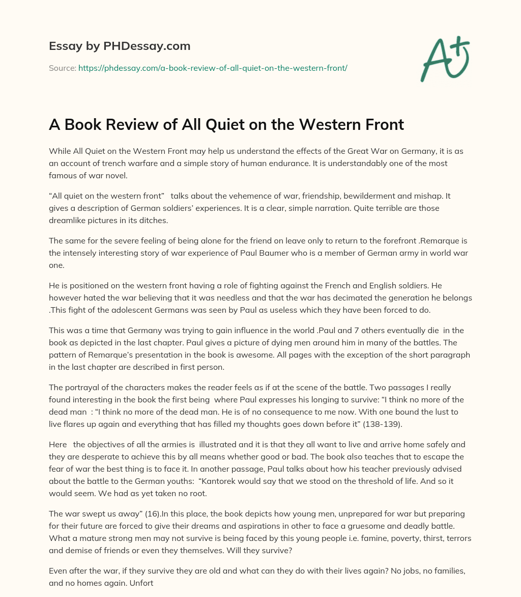 A Book Review of All Quiet on the Western Front essay