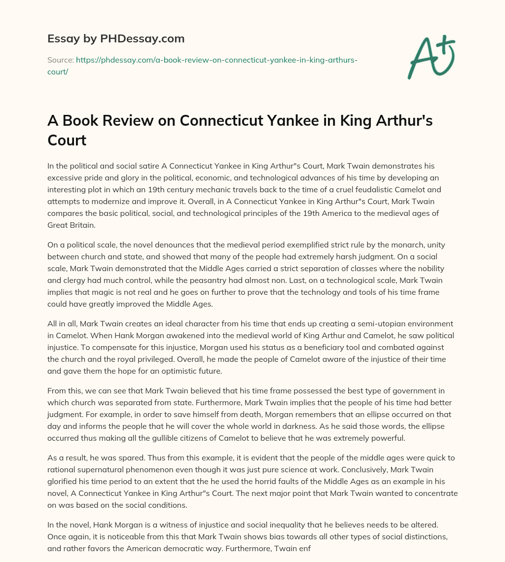 A Book Review on Connecticut Yankee in King Arthur’s Court essay