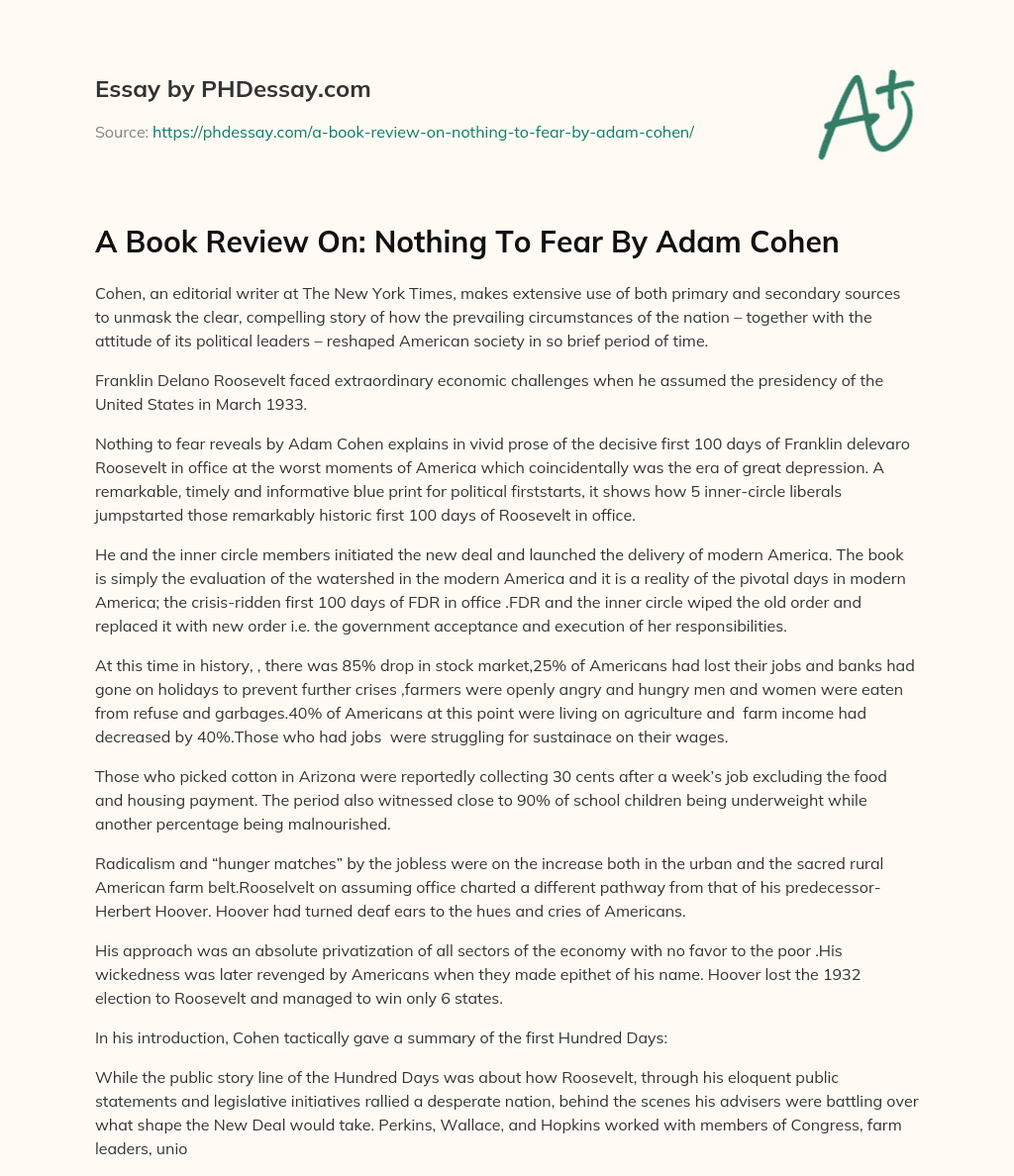 A Book Review On: Nothing To Fear By Adam Cohen essay