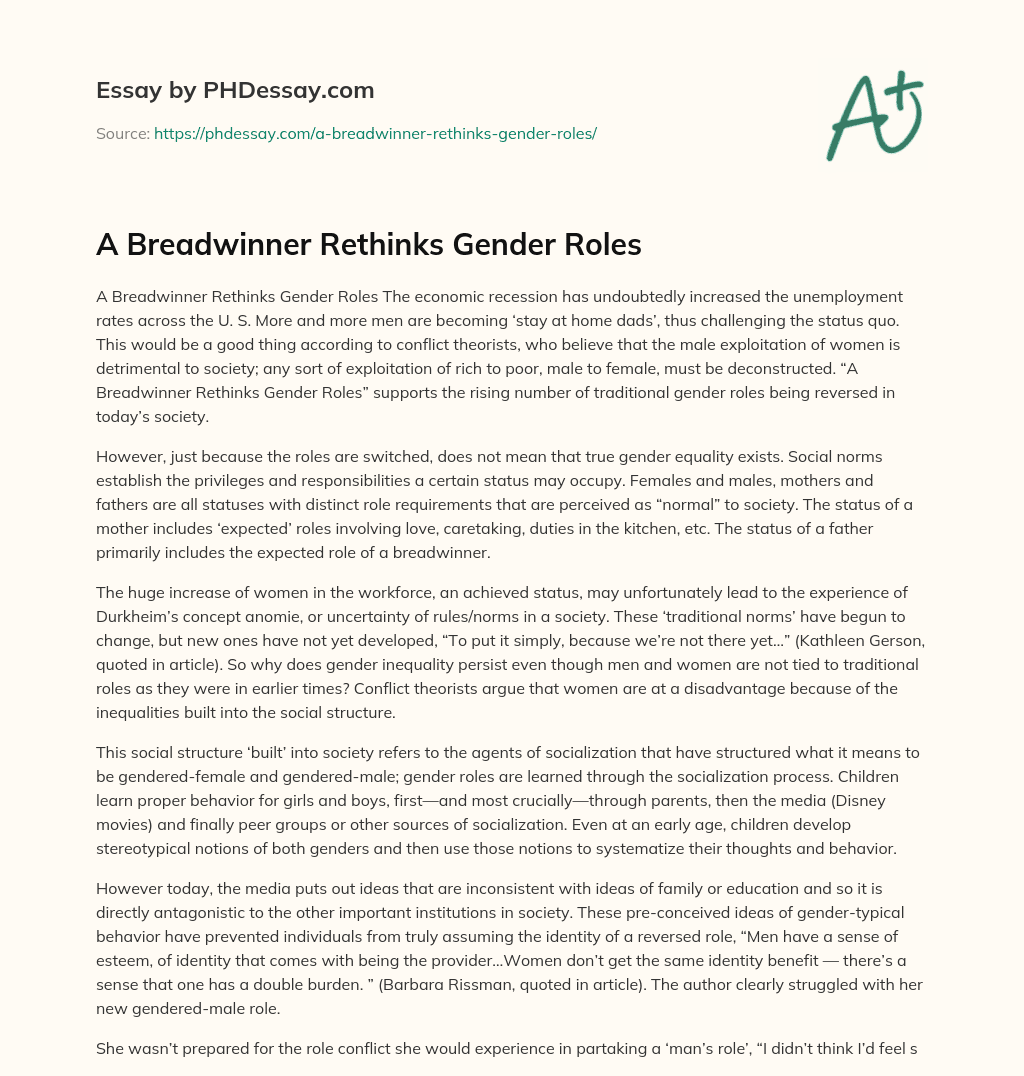 A Breadwinner Rethinks Gender Roles essay