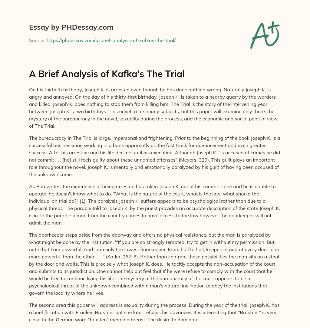 A Brief Analysis of Kafka’s The Trial essay