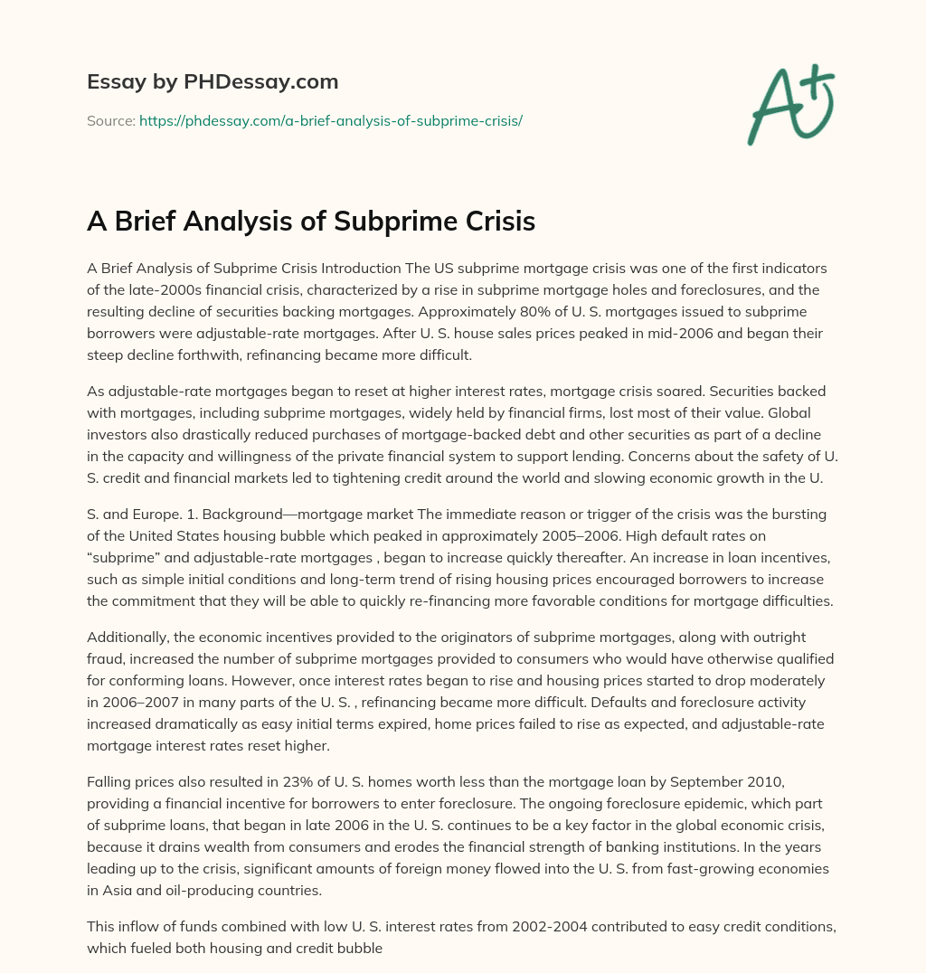 A Brief Analysis of Subprime Crisis essay