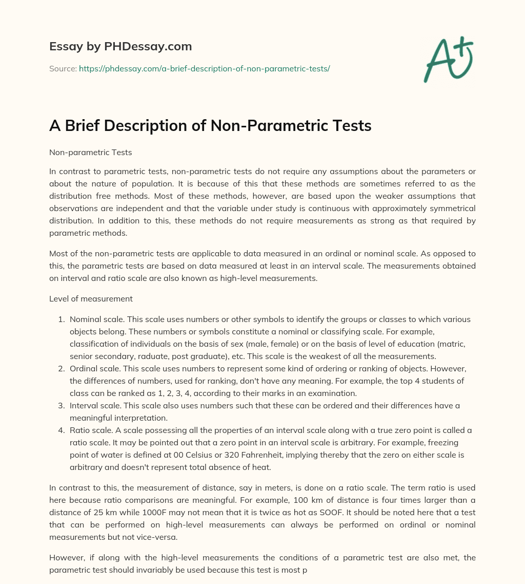 A Brief Description of Non-Parametric Tests essay