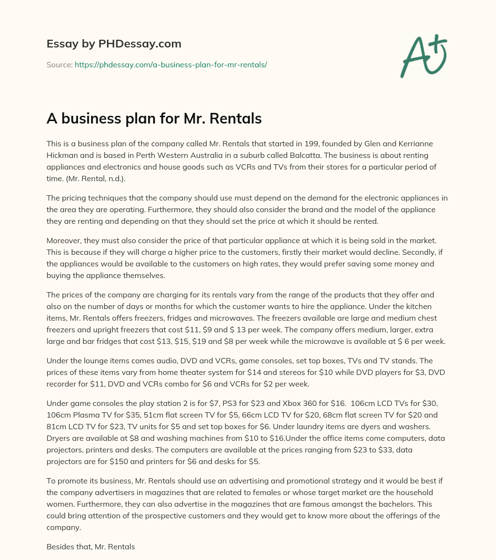 A business plan for Mr. Rentals essay