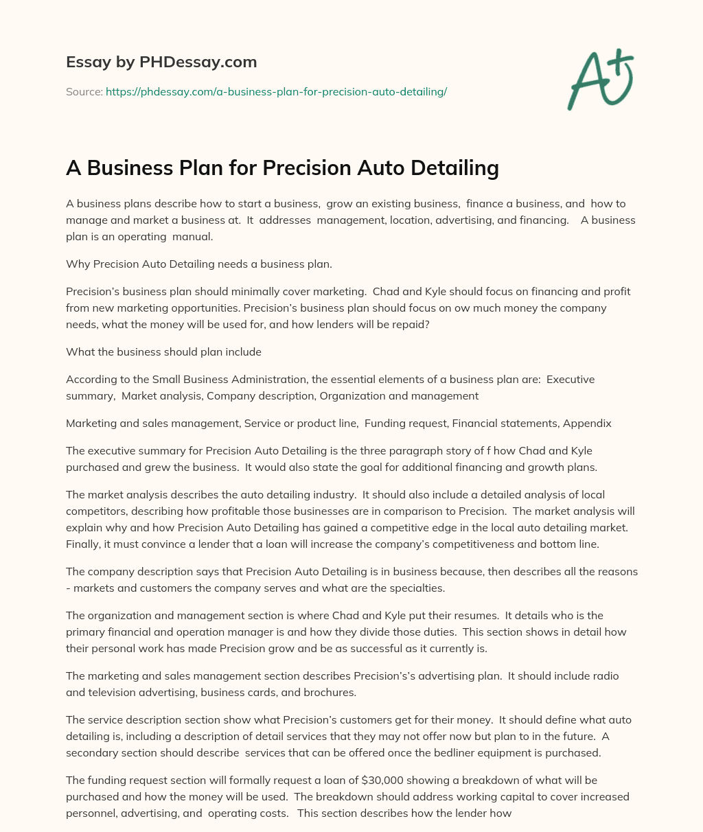 A Business Plan for Precision Auto Detailing essay