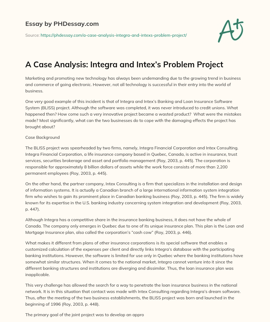 A Case Analysis: Integra and Intex’s Problem Project essay