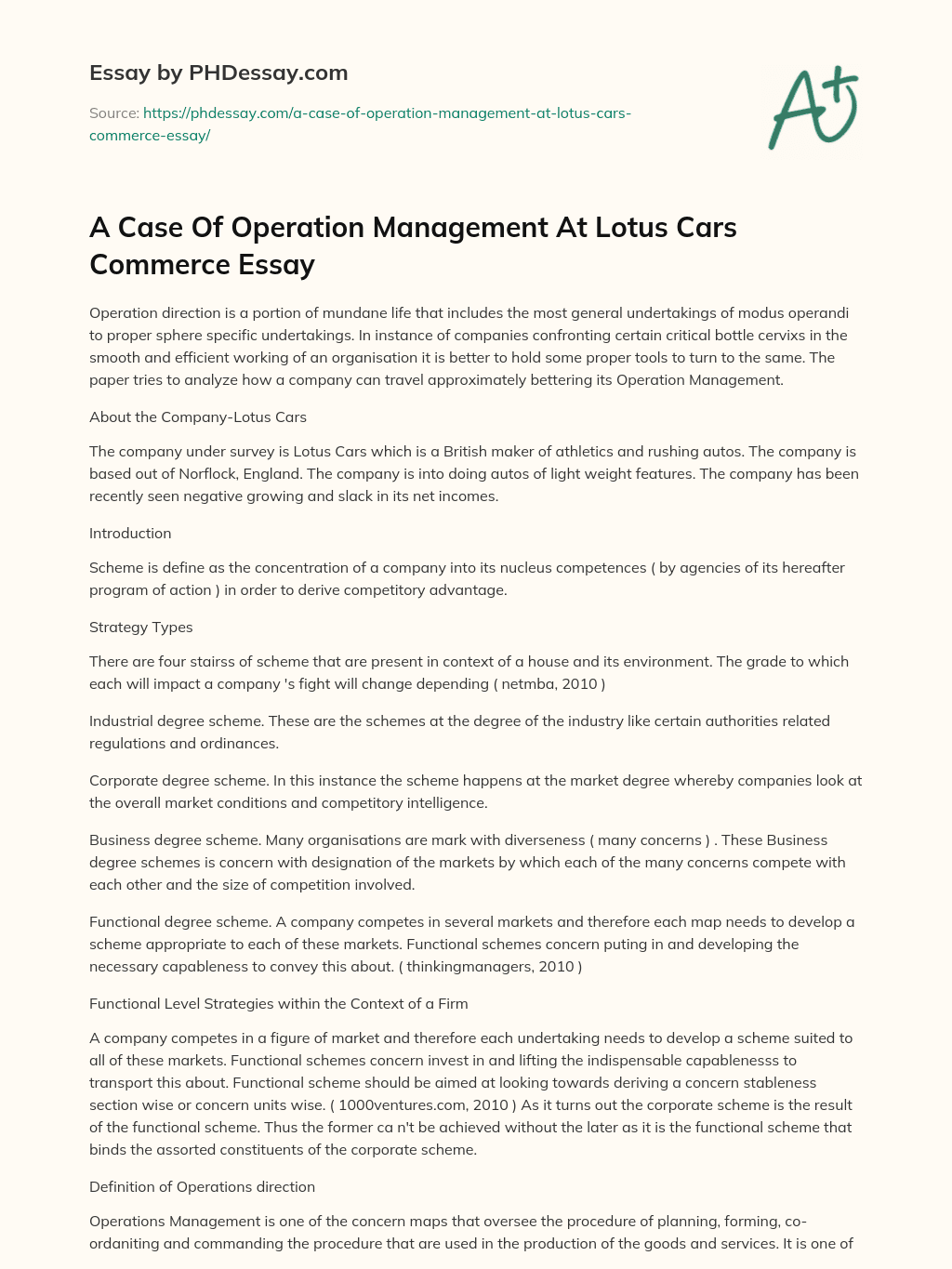A Case Of Operation Management At Lotus Cars Commerce Essay essay