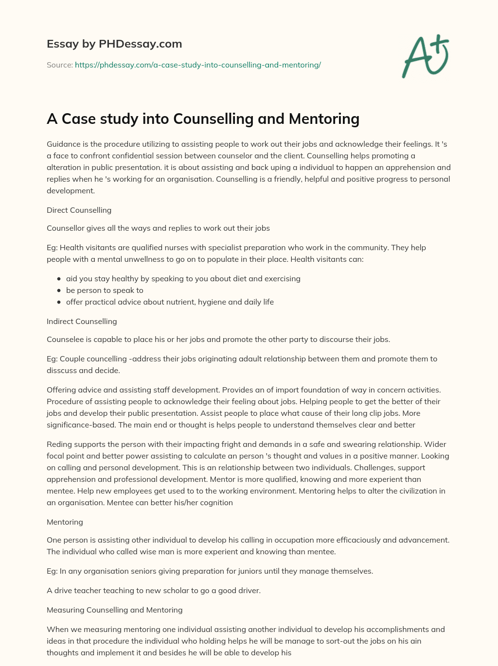 A Case study into Counselling and Mentoring essay
