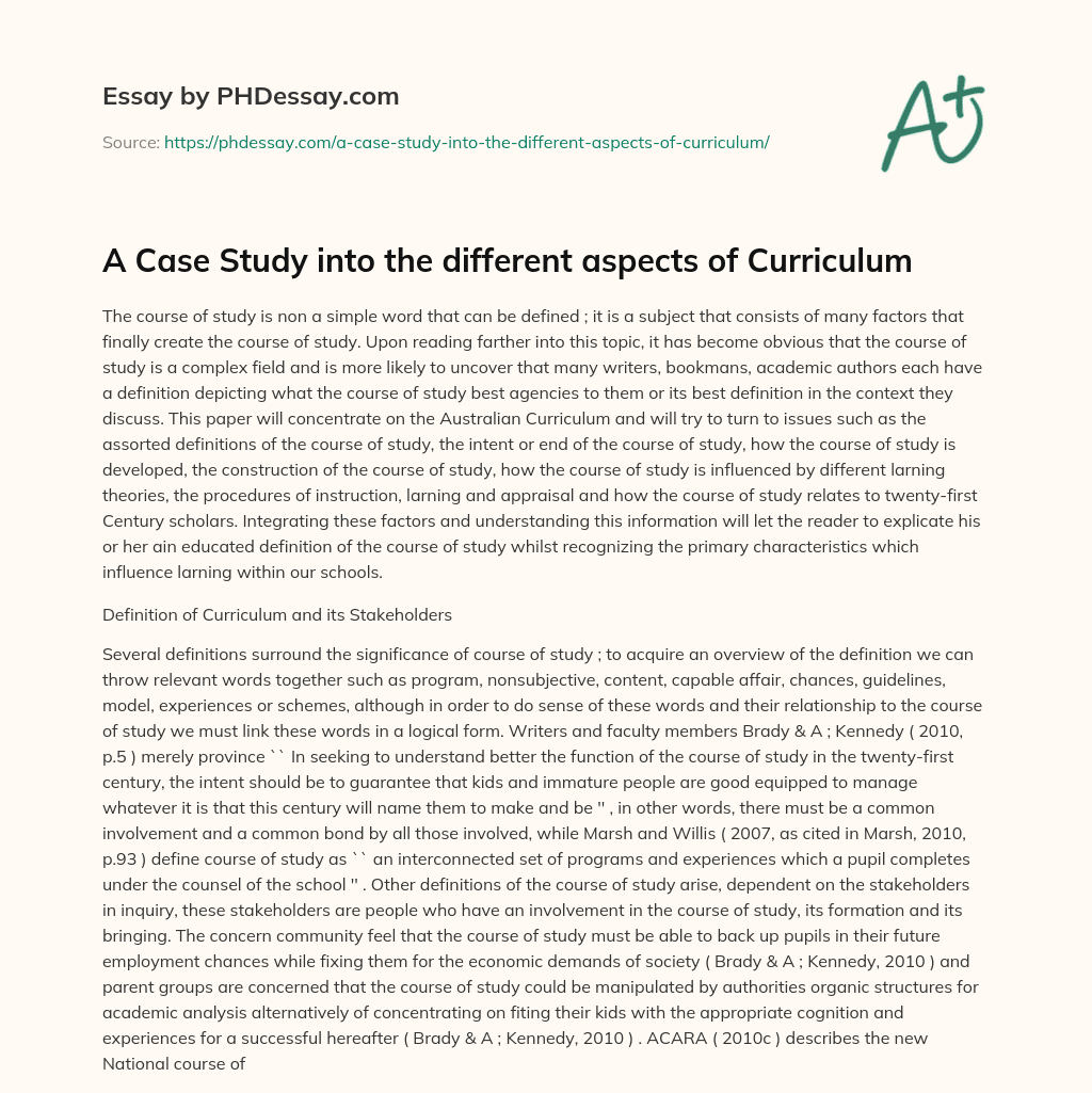 A Case Study into the different aspects of Curriculum essay