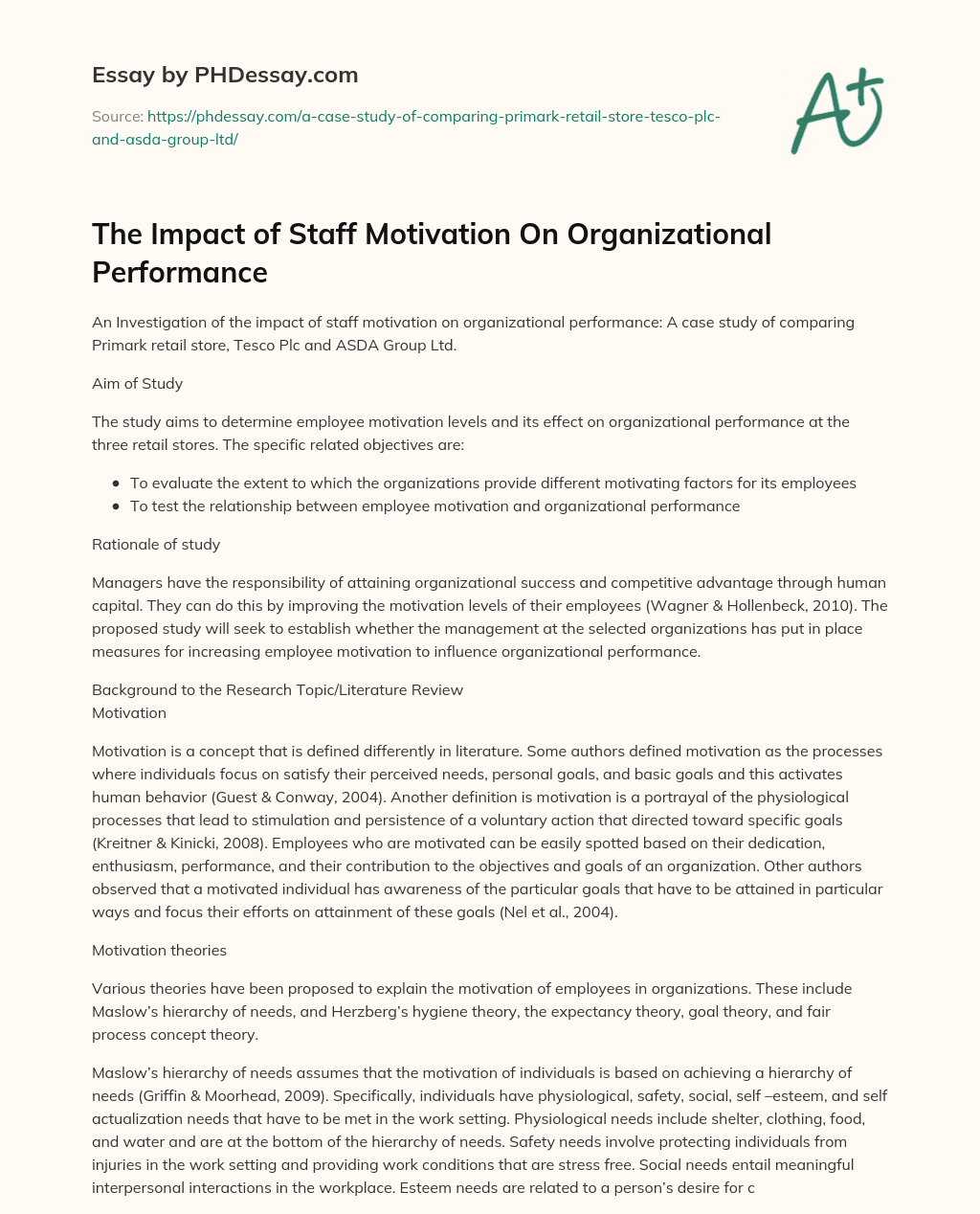 The Impact of Staff Motivation On Organizational Performance essay