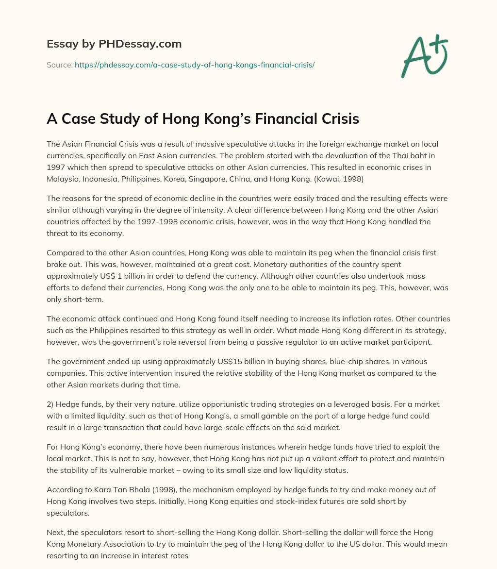 A Case Study of Hong Kong’s Financial Crisis essay