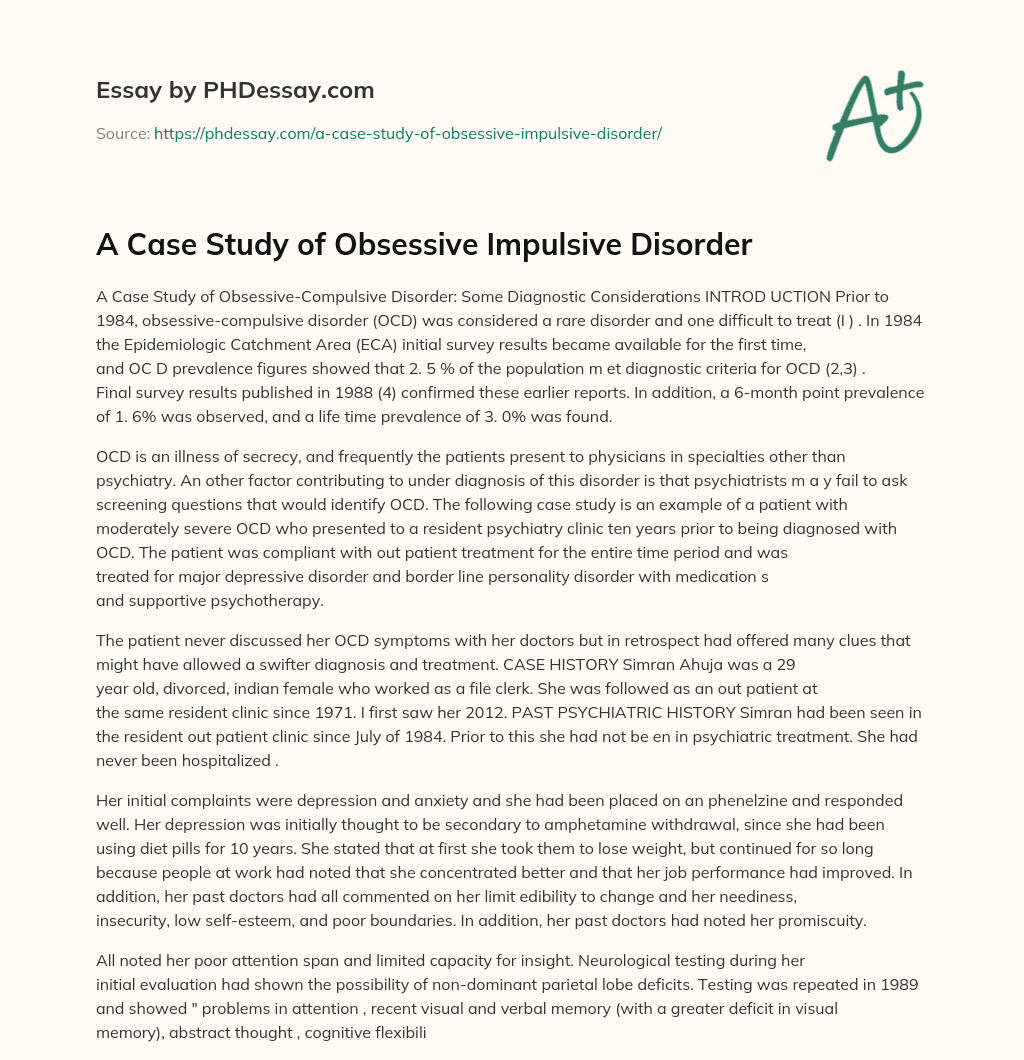 A Case Study of Obsessive Impulsive Disorder essay