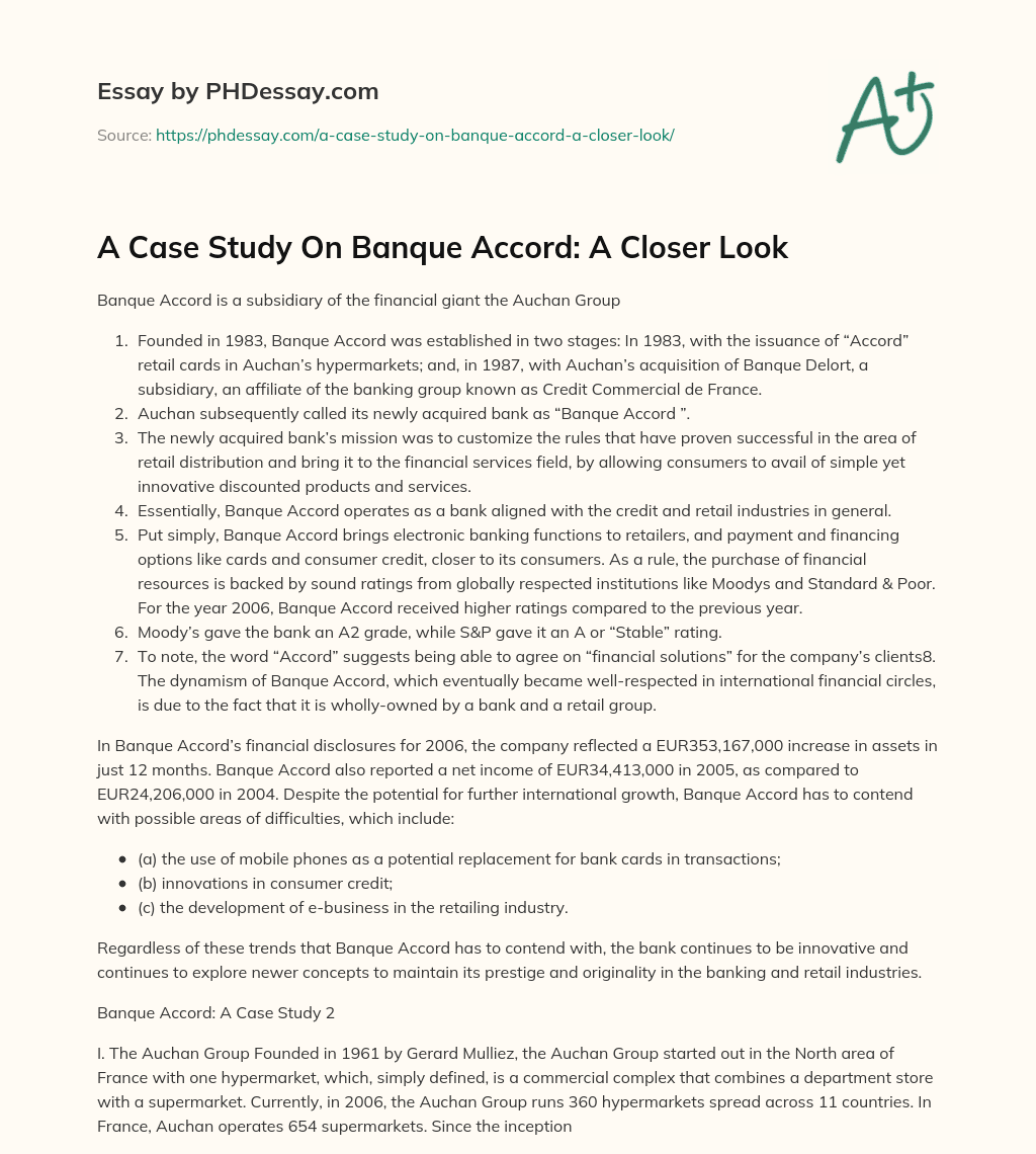 A Case Study On Banque Accord: A Closer Look essay