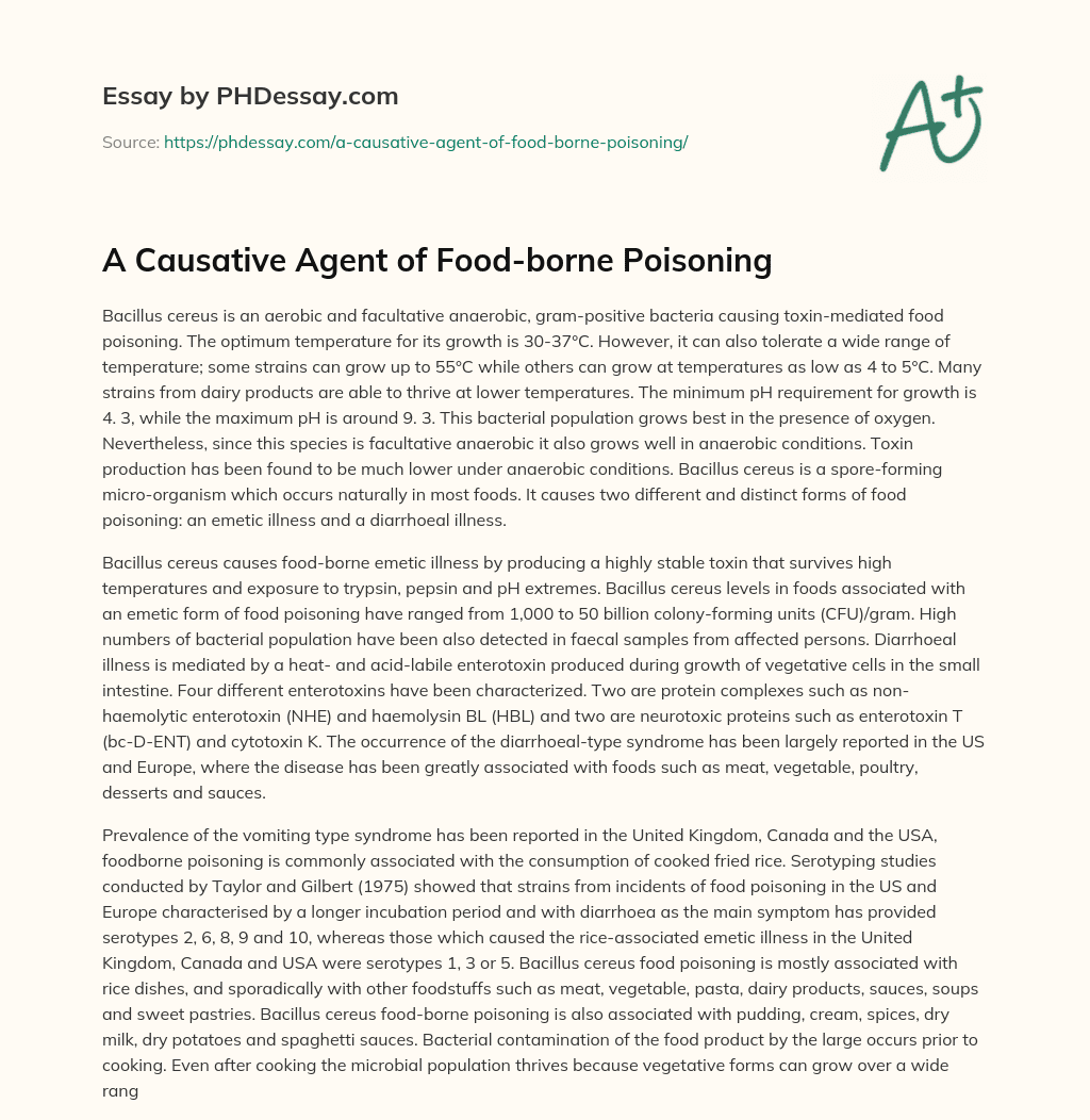 A Causative Agent Of Food-borne Poisoning - PHDessay.com