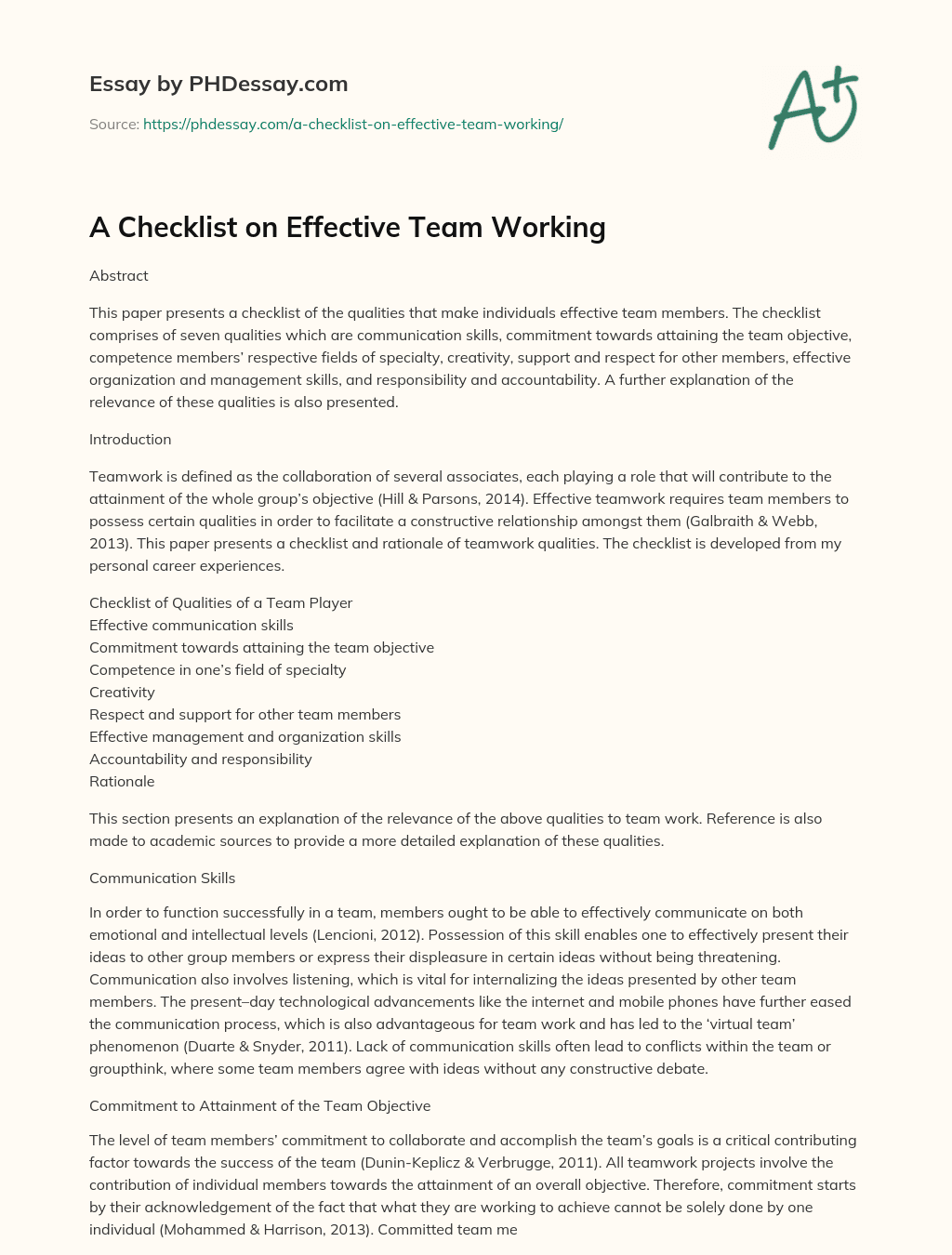 A Checklist on Effective Team Working essay