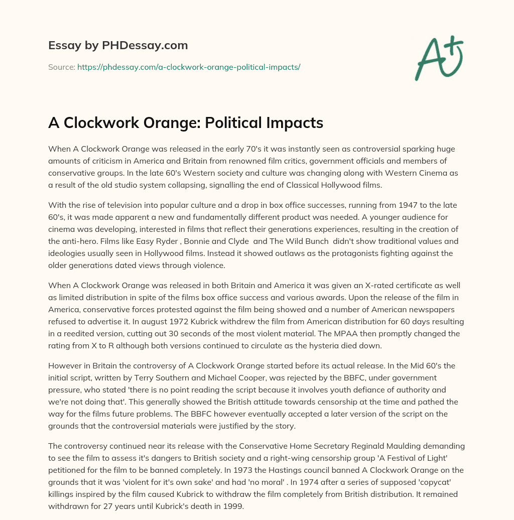 A Clockwork Orange: Political Impacts essay