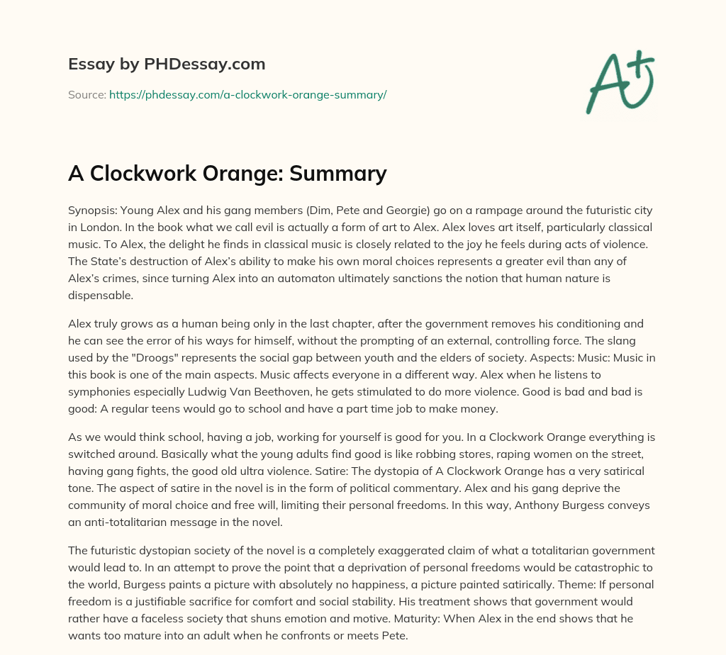 A Clockwork Orange Summary (400 Words)