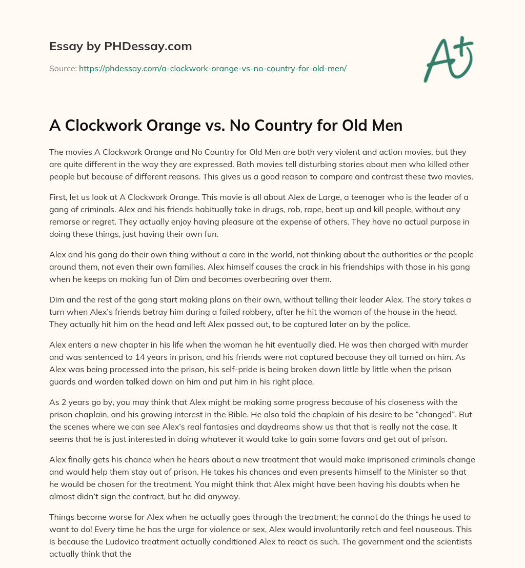 A Clockwork Orange vs. No Country for Old Men - PHDessay.com
