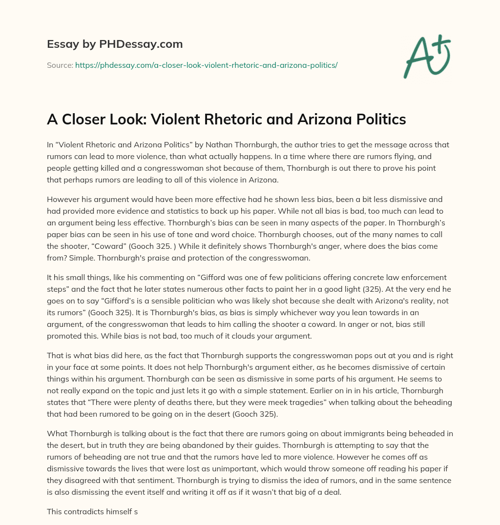 A Closer Look: Violent Rhetoric and Arizona Politics essay