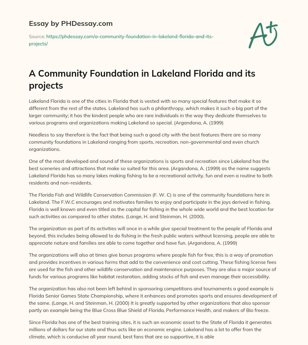 A Community Foundation in Lakeland Florida and its projects essay