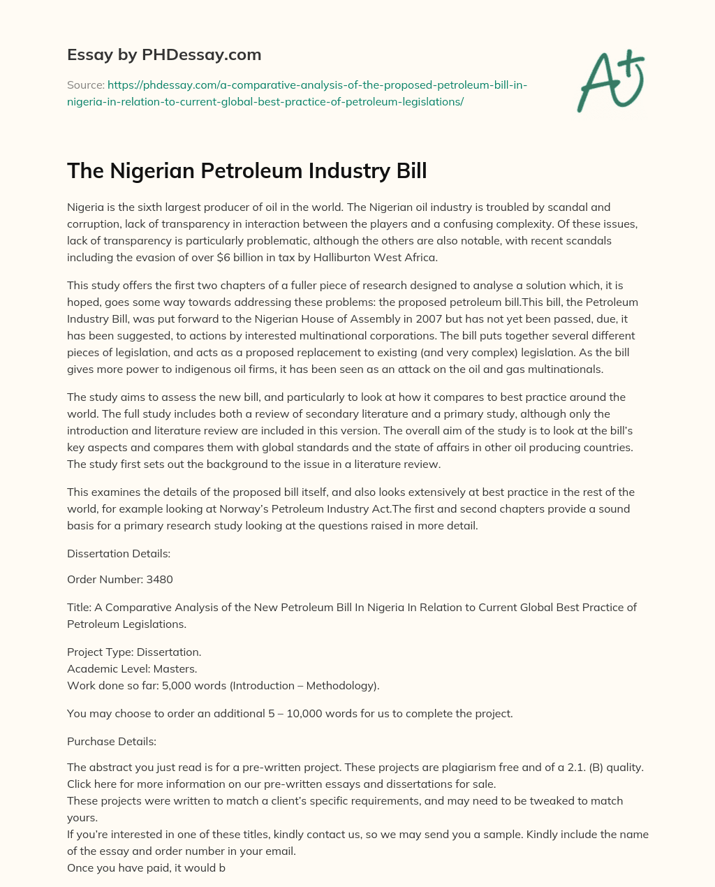 The Nigerian Petroleum Industry Bill essay