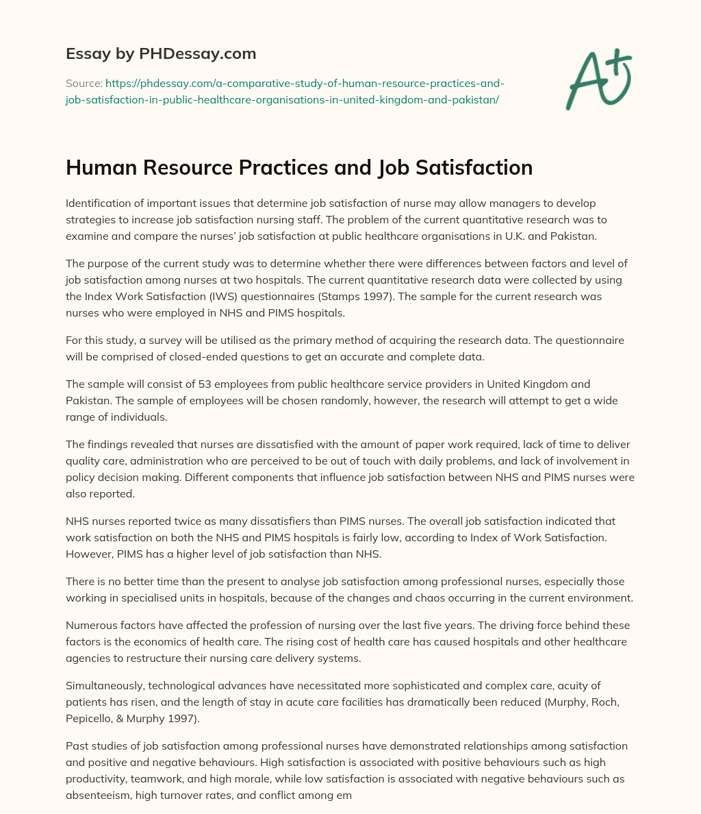 Human Resource Practices and Job Satisfaction essay