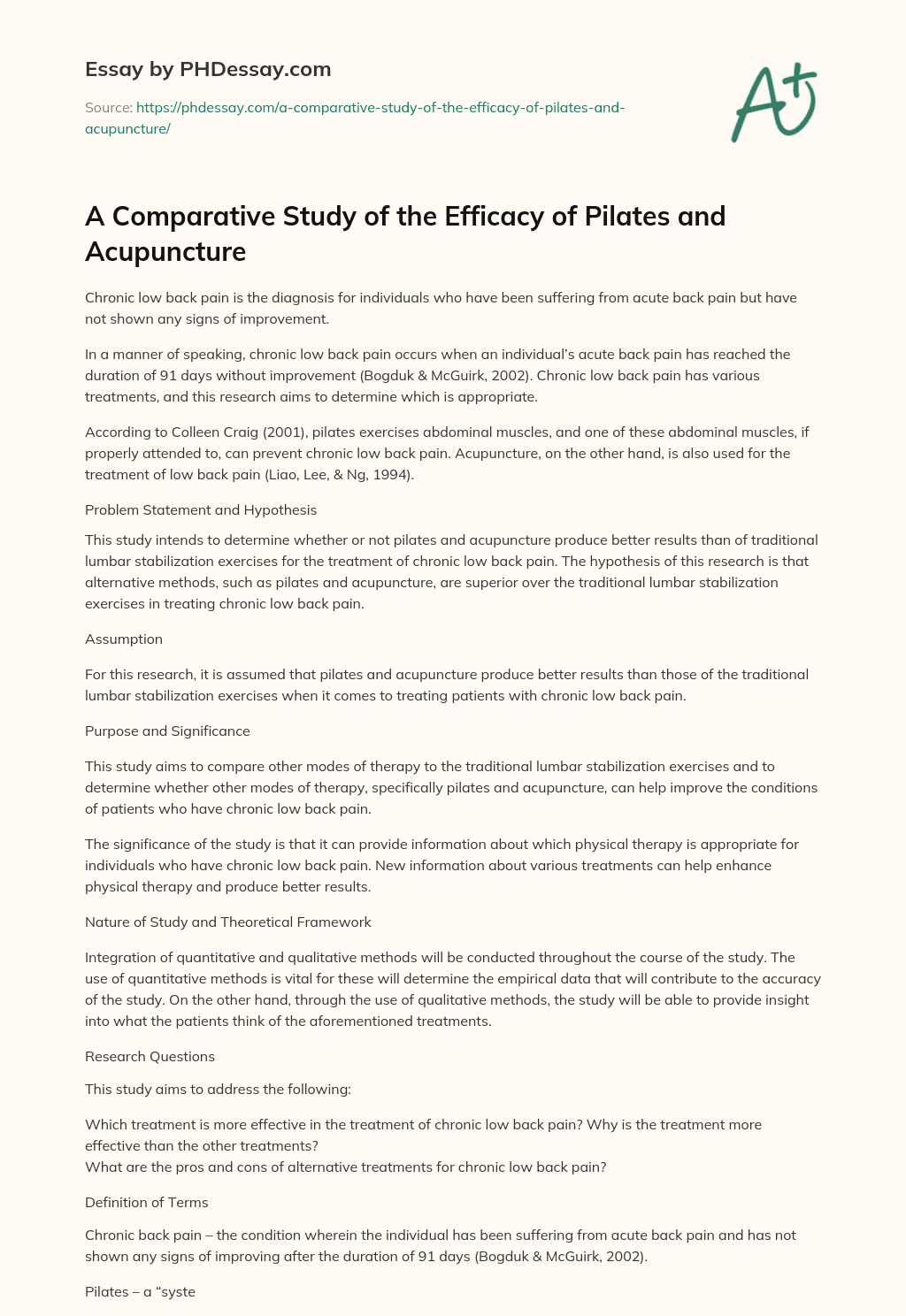 A Comparative Study of the Efficacy of Pilates and Acupuncture essay