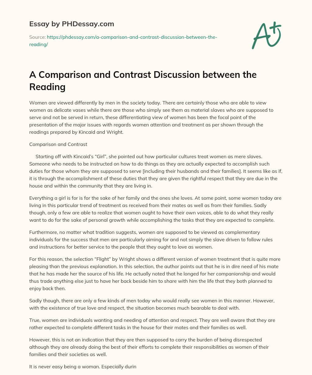A Comparison and Contrast Discussion between the Reading essay
