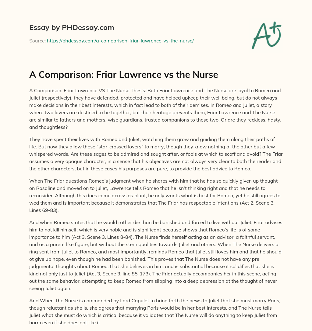 A Comparison: Friar Lawrence vs the Nurse essay
