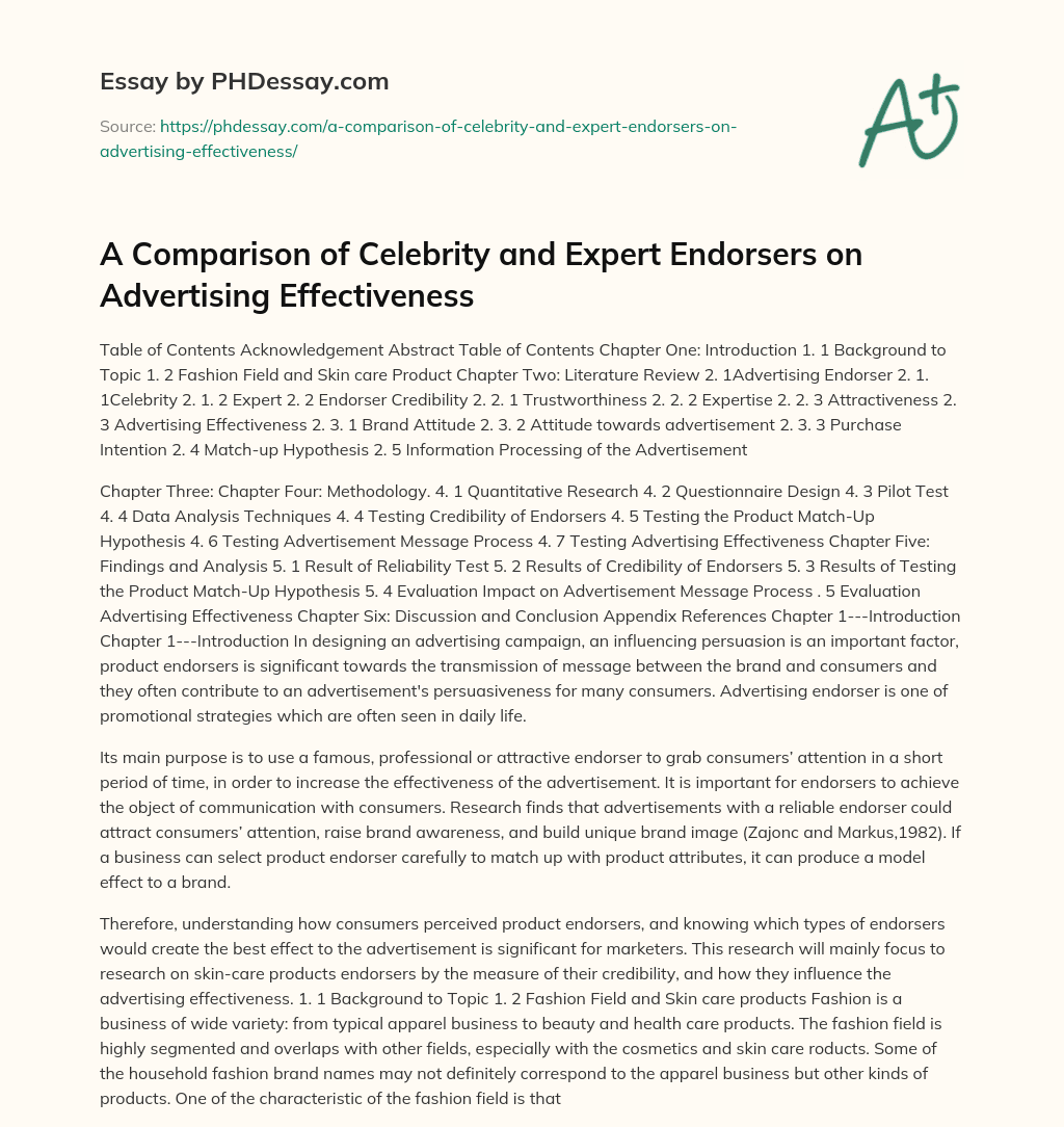 A Comparison of Celebrity and Expert Endorsers on Advertising Effectiveness essay