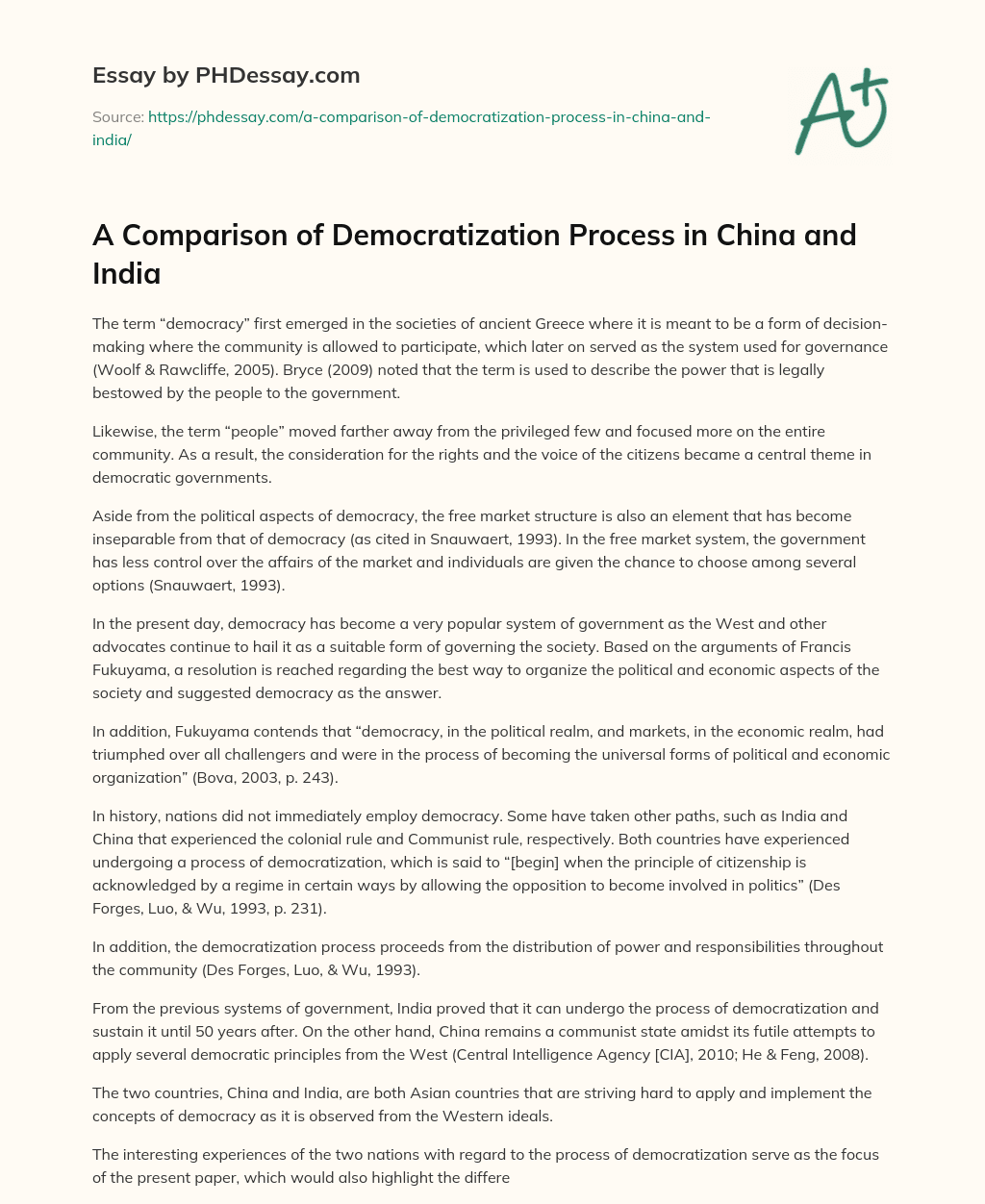 A Comparison of Democratization Process in China and India essay