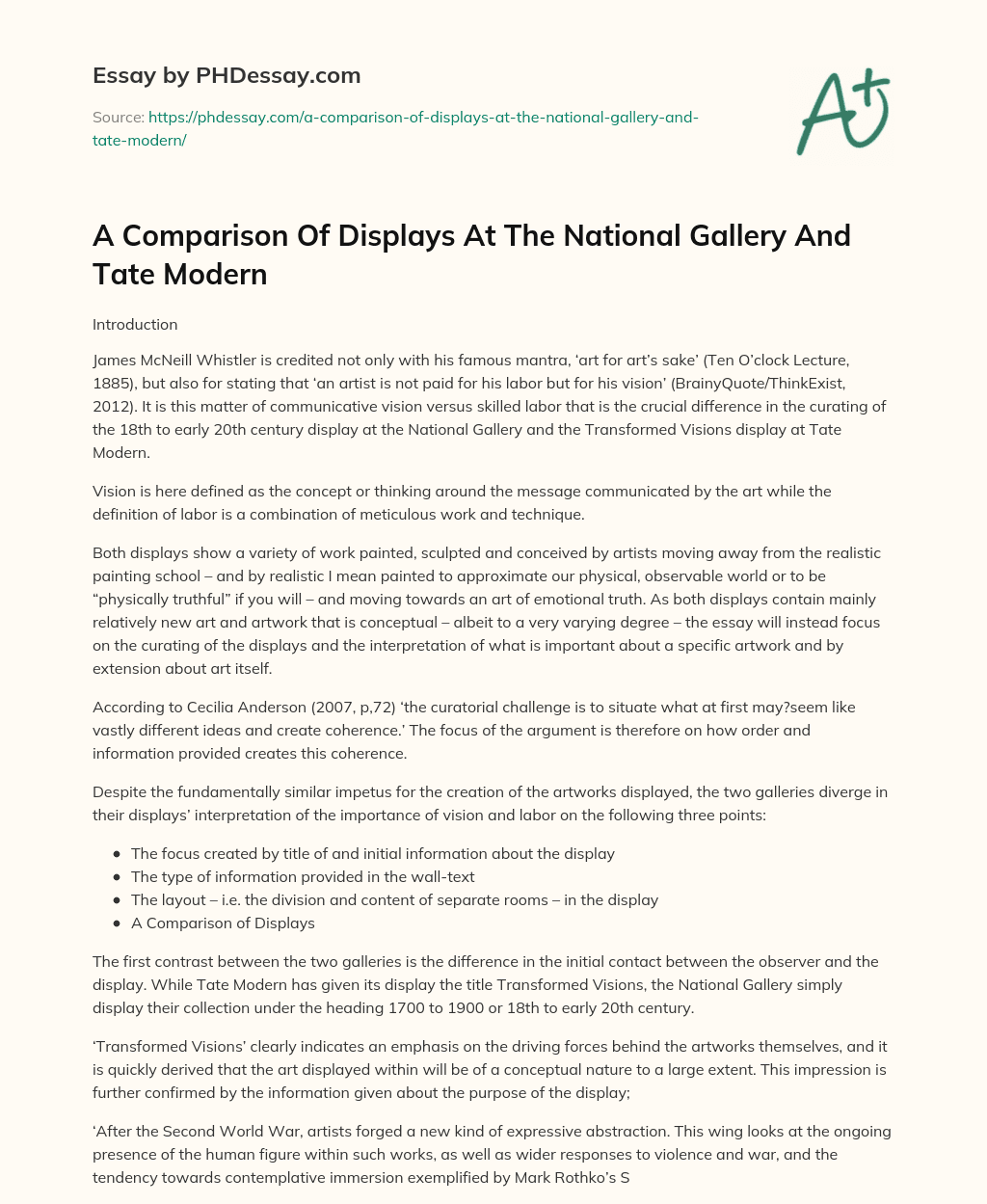 A Comparison Of Displays At The National Gallery And Tate Modern essay