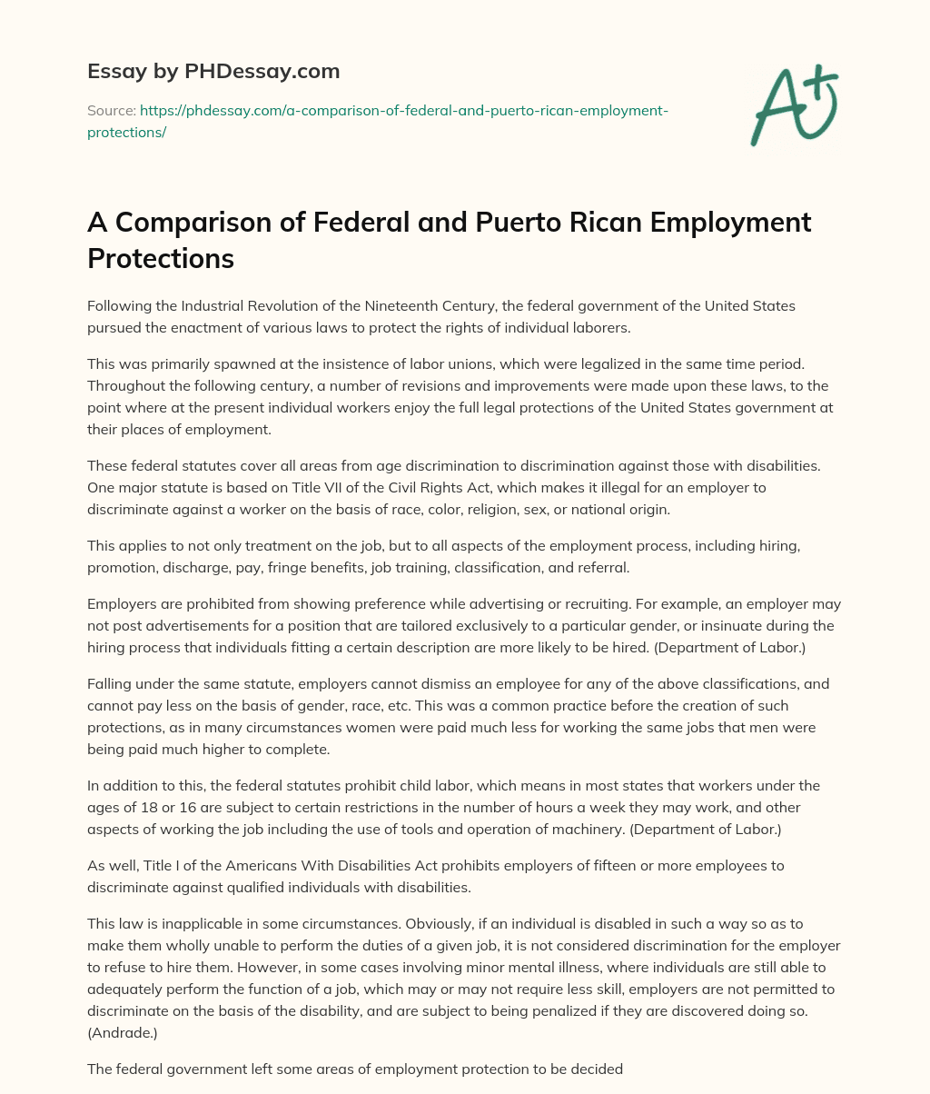A Comparison of Federal and Puerto Rican Employment Protections essay