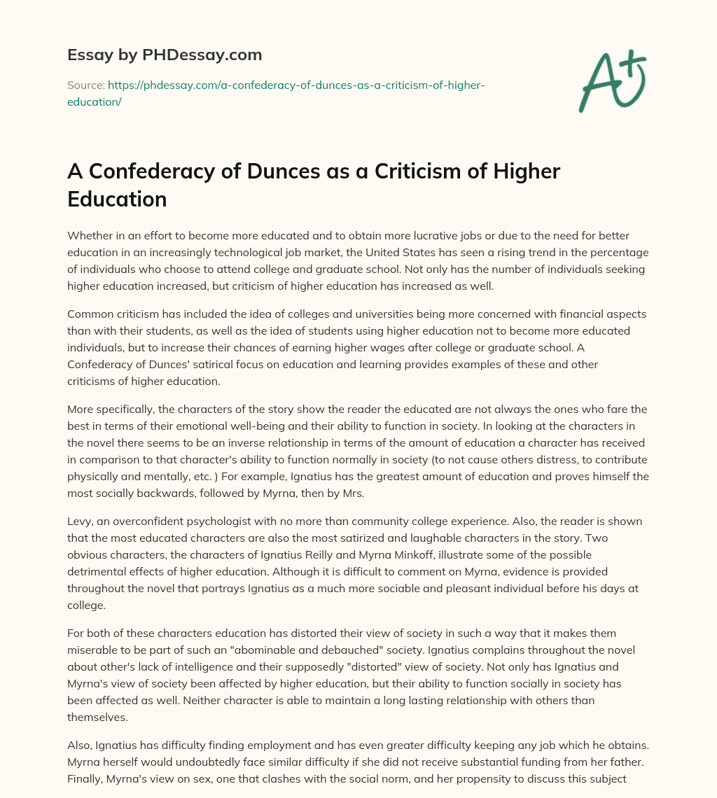 A Confederacy of Dunces as a Criticism of Higher Education essay