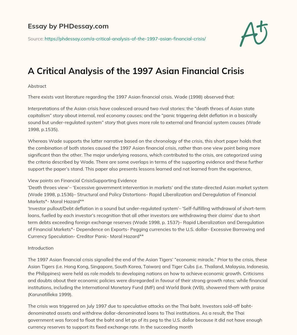 A Critical Analysis of the 1997 Asian Financial Crisis essay