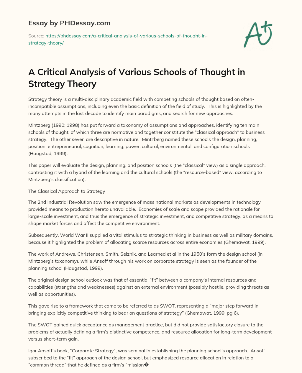 A Critical Analysis of Various Schools of Thought in Strategy Theory essay