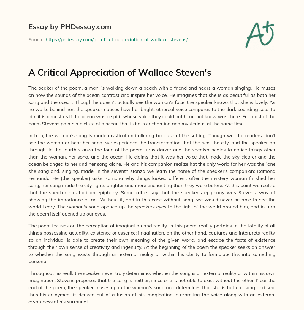 A Critical Appreciation of Wallace Steven’s essay