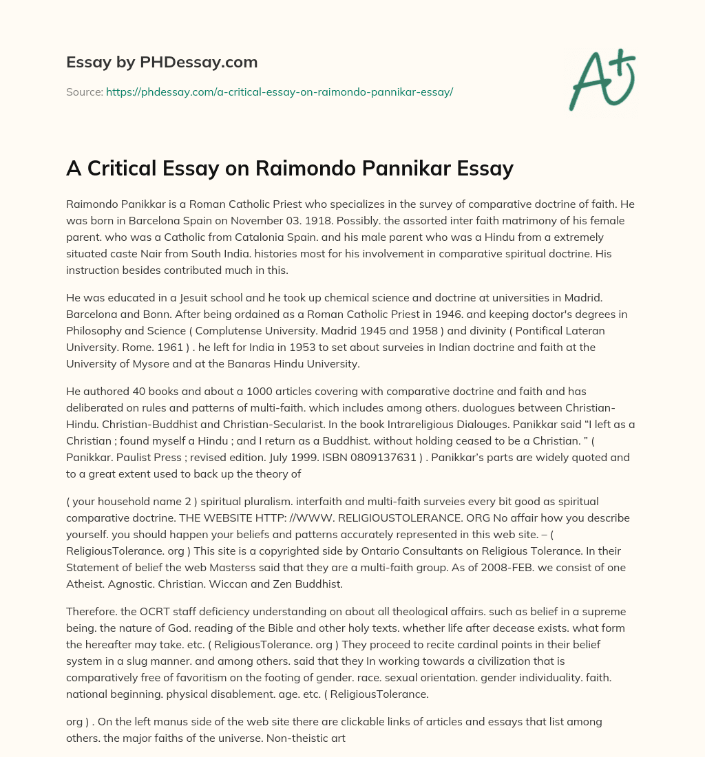 A Critical Essay on Raimondo Pannikar Essay essay