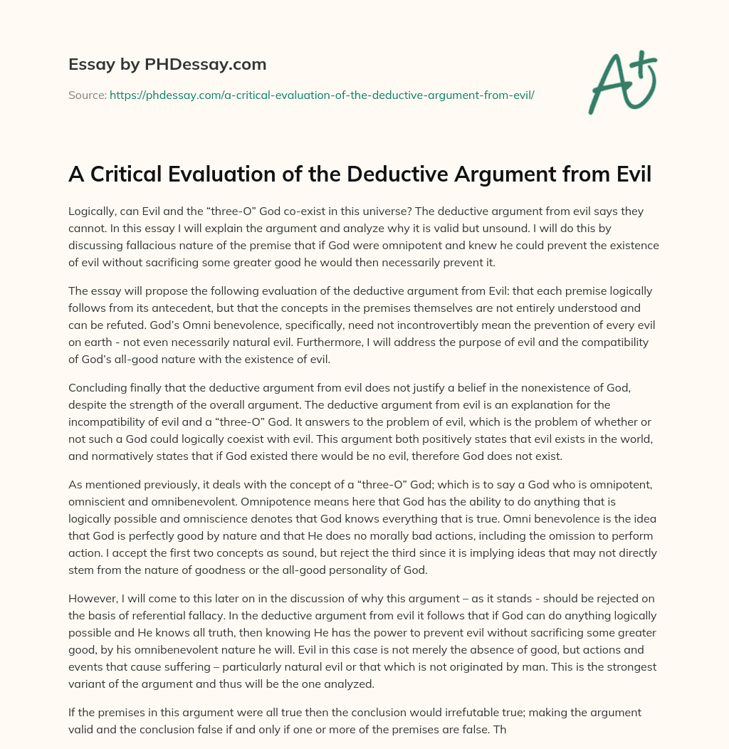 A Critical Evaluation of the Deductive Argument from Evil essay