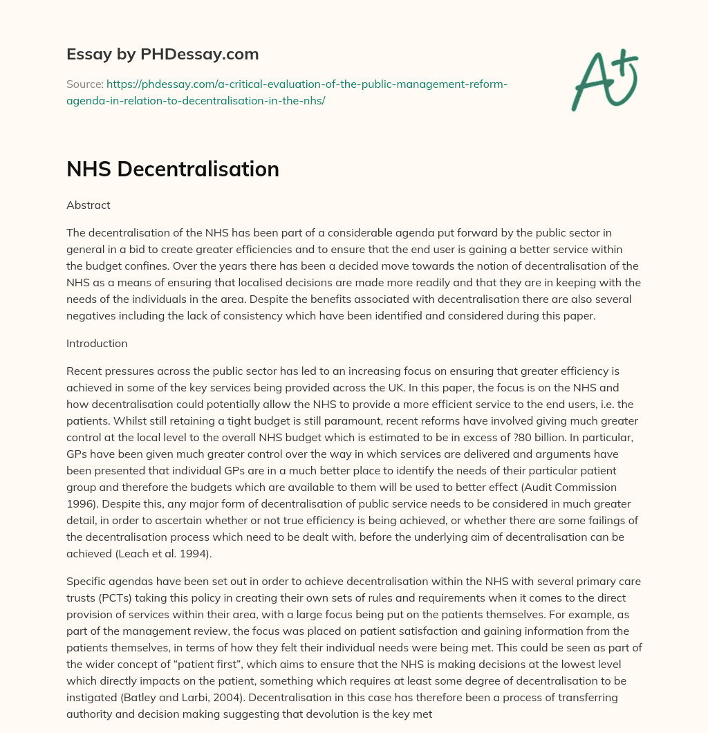 NHS Decentralisation essay