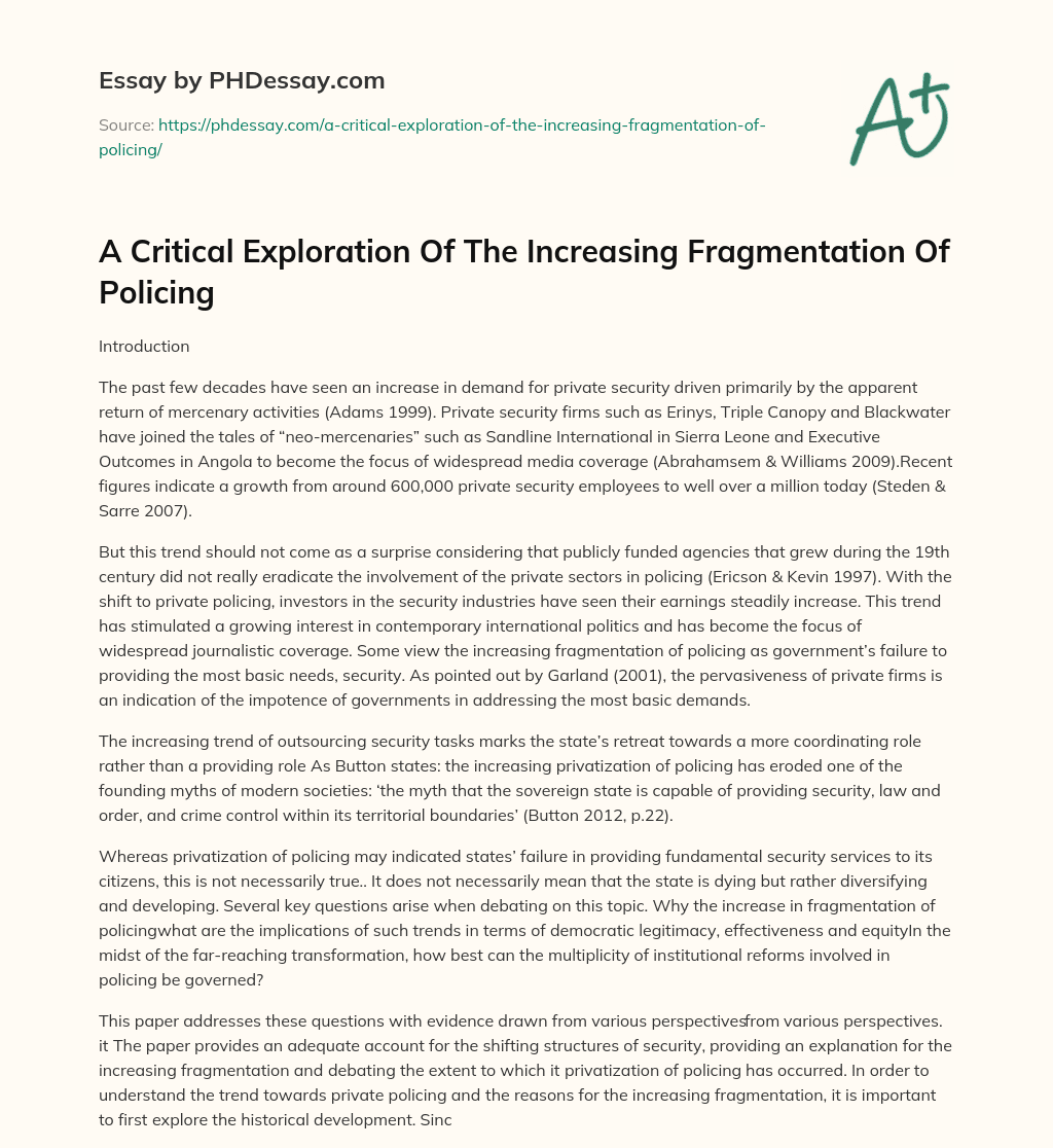 A Critical Exploration Of The Increasing Fragmentation Of Policing essay