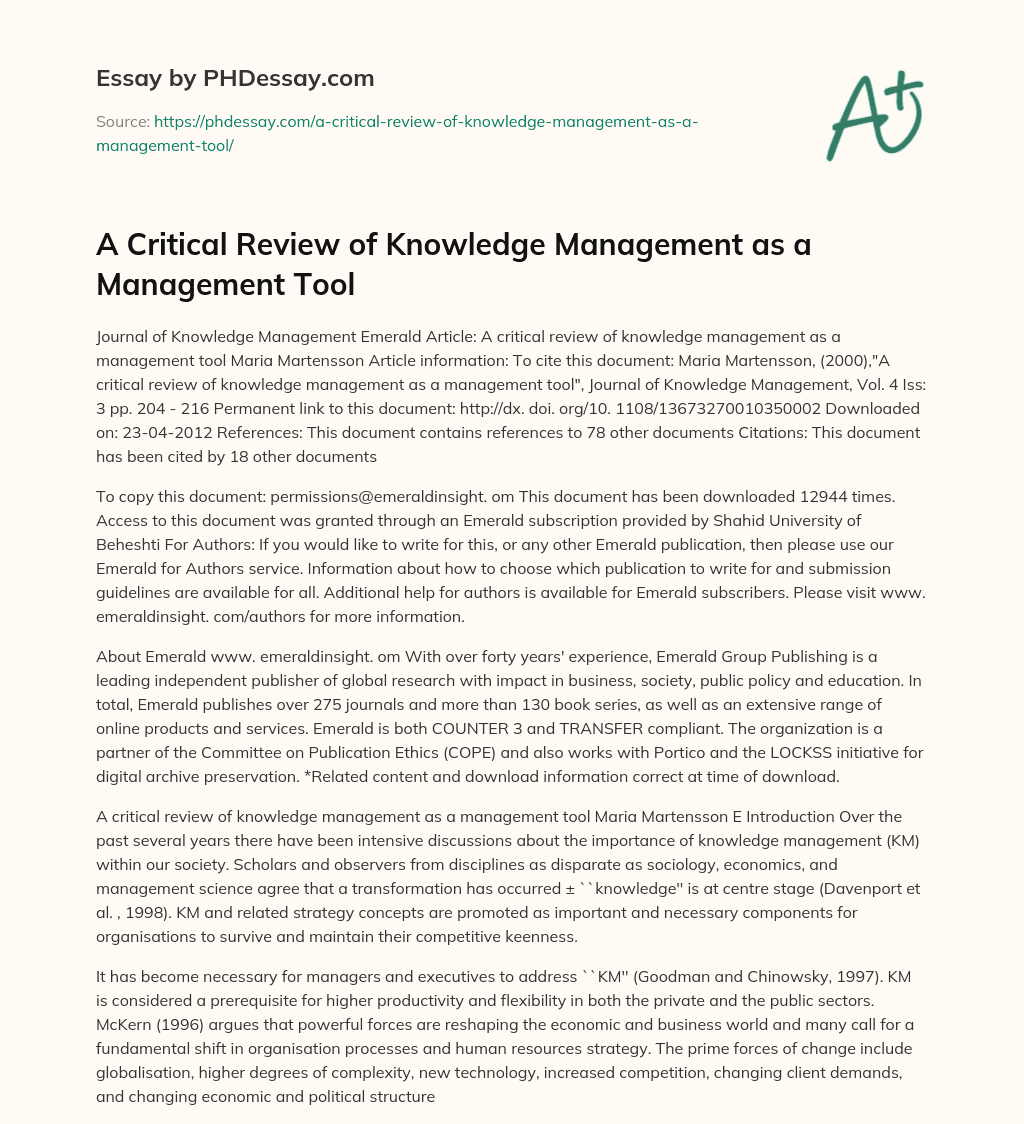 A Critical Review of Knowledge Management as a Management Tool essay