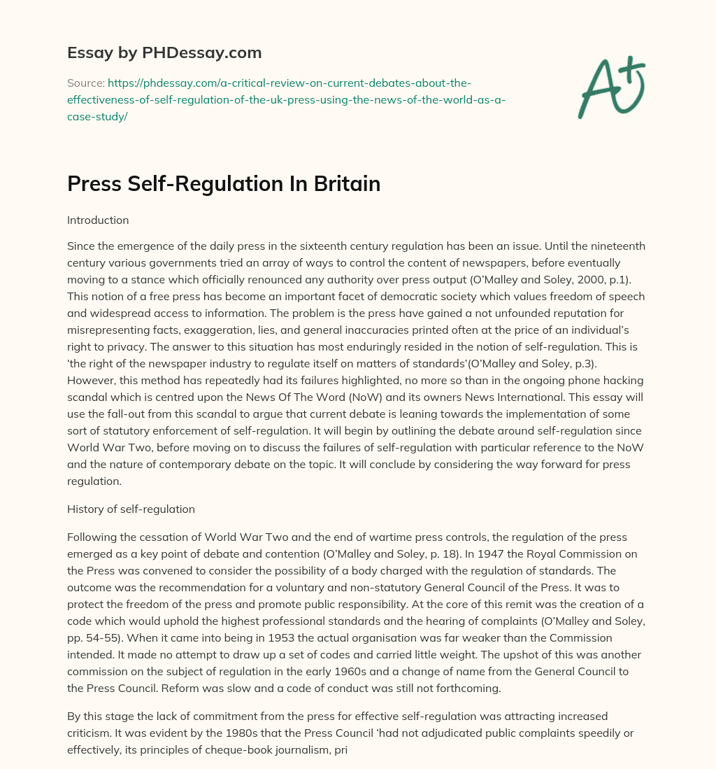 Press Self-Regulation In Britain essay