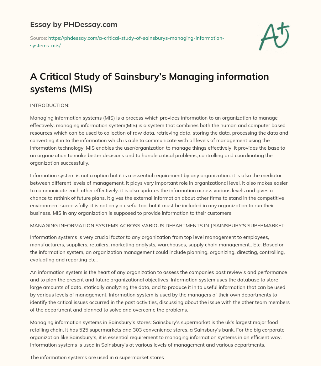 A Critical Study of Sainsbury’s Managing information systems (MIS) essay