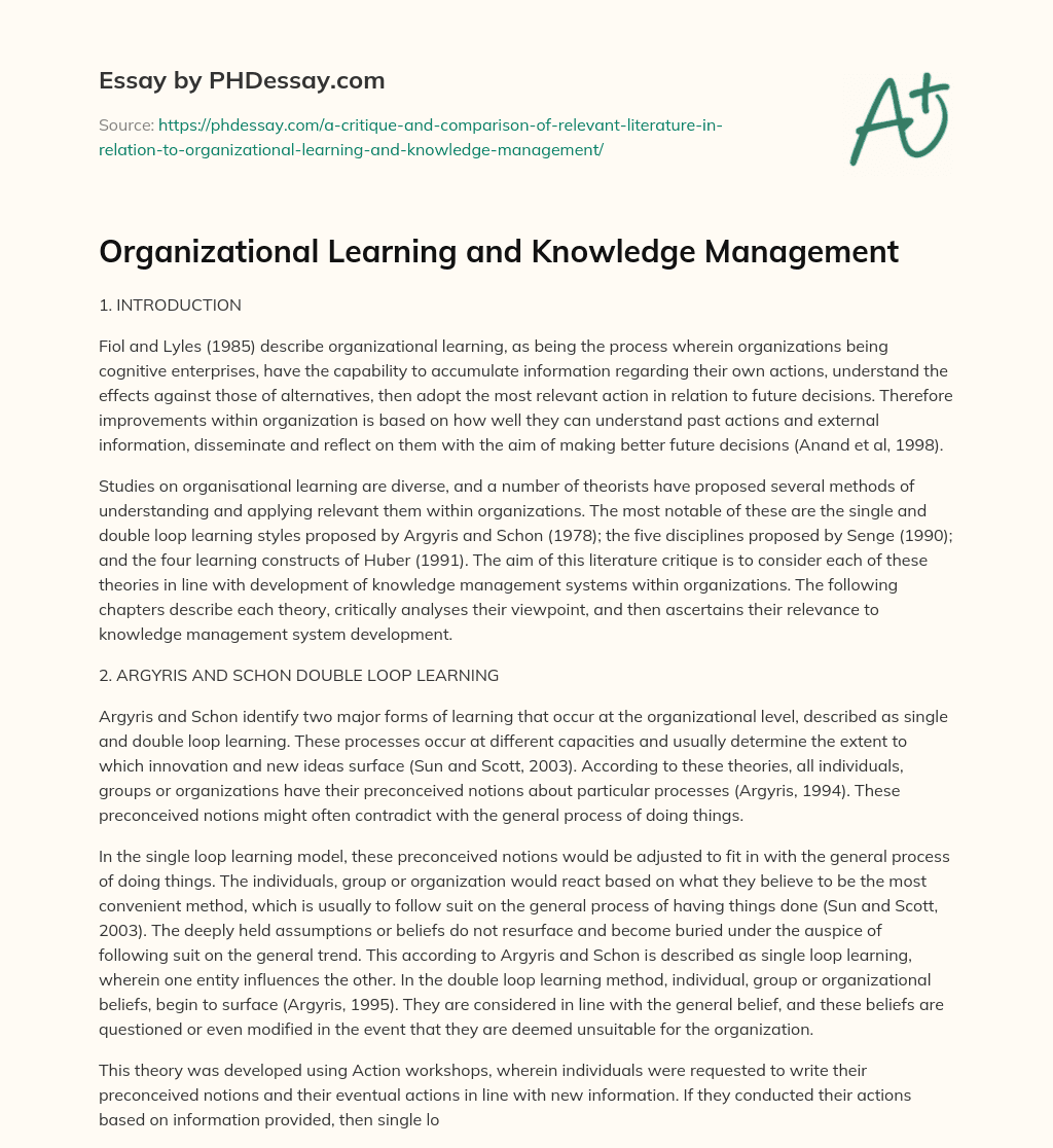 Organizational Learning and Knowledge Management essay