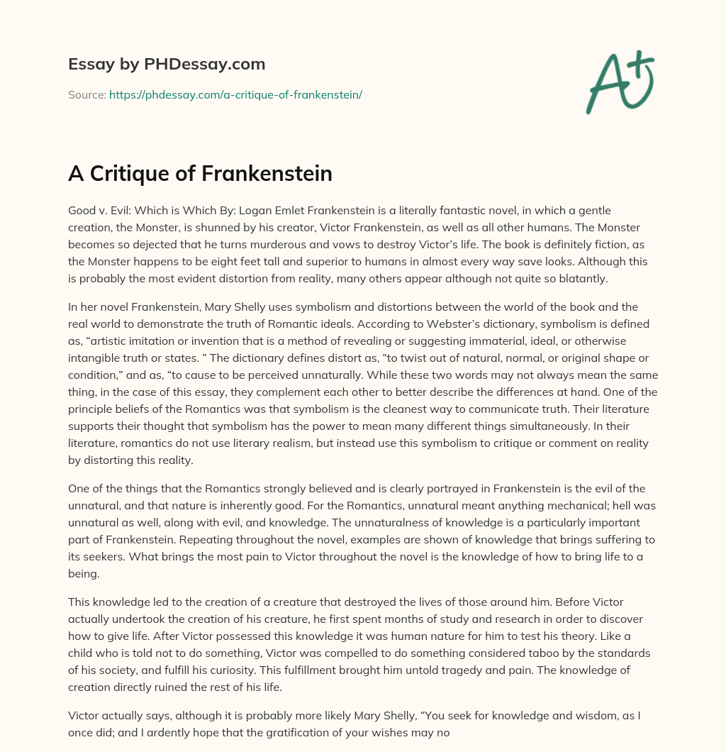 A Critique of Frankenstein essay